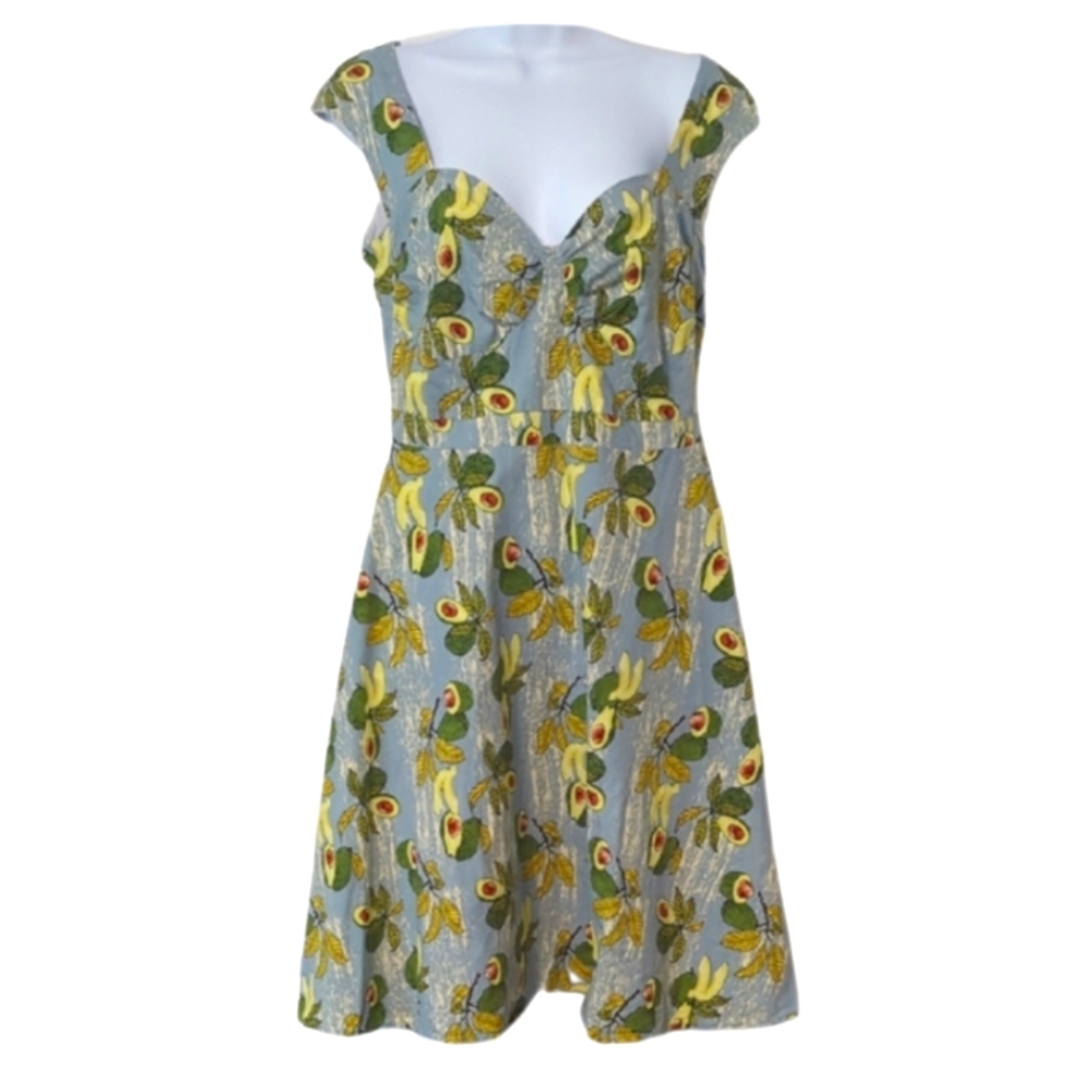 Bettie Page Light Blue Floral Fit-and-Flare Dress with Yellow & Green Accents